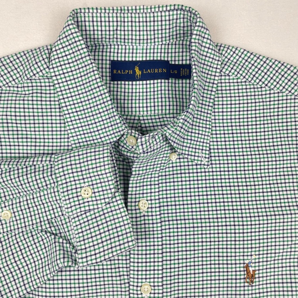 Ralph Lauren Mens Large Green Blue Micro Check Button Down Shirt Long Sleeve L